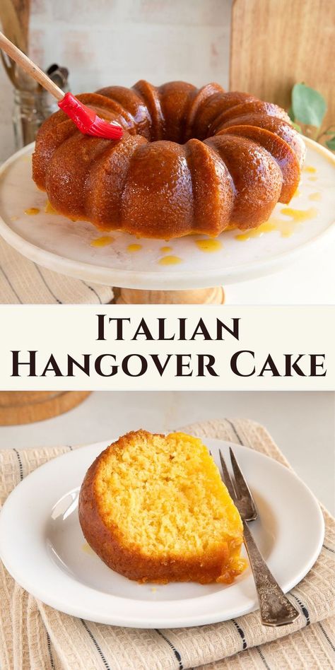 italian hangover bundt cake on cake stand and sliced on a plate. Margarita Pound Cake Recipe, Alcohol Infused Pound Cake, Alcohol Infused Bundt Cakes, Orange Dreamsicle Bundt Cake, Southern Hangover Cake, Hangover Cake Recipe, Cake For Alcohol Lovers, Vodka Cake Recipes, Italian Bundt Cake Recipes