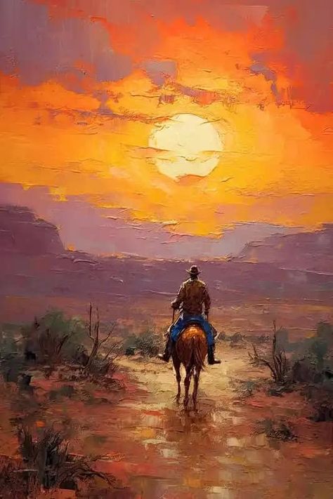 THE OTHER SIDE OF ART | “Farewell My Friend” | Facebook Cowboy Sunset, Playful Painting, Western Landscape, Sunset Wall Art, Sunset Canvas, Craft Printing, Street Artists, Office Wall Decor, Digital Art Prints