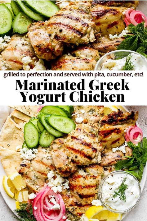 Marinated Greek Yogurt Chicken - The Wooden Skillet Chicken Marinade Yogurt, Yogurt Chicken Marinade, Chicken Souvlaki Marinade, Greek Yogurt Chicken Marinade, Mediterranean Chicken Marinade, Greek Yogurt Chicken Recipes, Greek Yogurt Marinated Chicken, Bird Recipes, Greek Grilled Chicken