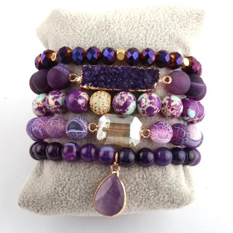 Bracelets Sets, Purple Beaded Bracelets, Purple Bracelet, Amethyst Bracelet, Cute Bracelets, Strand Bracelet, Pink Quartz, Nature Bracelets, Amethyst Stone