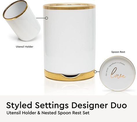 Amazon.com: White Utensil Holder with Built-In Ceramic Spoon Rest - 2 PC Luxe White & Gold Utensil Holder for Countertop Includes Large Utensil Holder & White and Gold Spoon Rest - Utensils Not Included : Home & Kitchen Easy Pasta Dinner Recipes, Gold Utensils, Ceramic Utensil Holder, Easy Pasta Dinner, Gold Spoon, Ceramic Spoon Rest, Ceramic Spoons, Utensil Holder, Easy Pasta