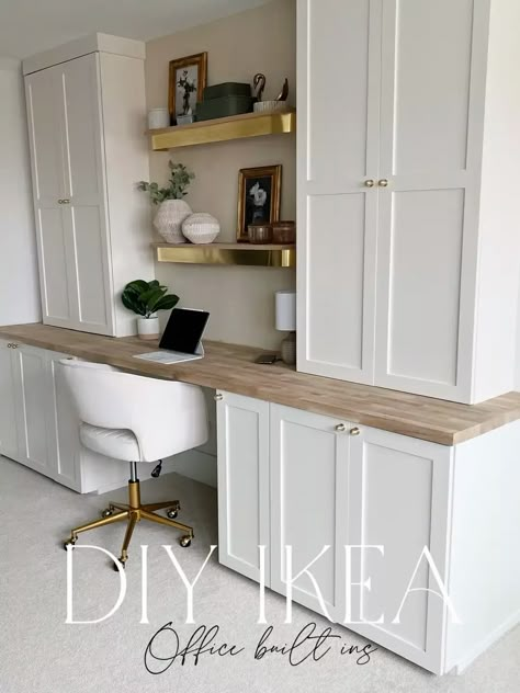 DIY Ikea Office Built Ins ✨ | Lauren Burkeが投稿したフォト��ブック | Lemon8 Diy Built In Desk, Built In Office, Built In Desk And Shelves, Billy Ikea, Ikea Built In, Ikea Desk Hack, Ikea Hacks Ideas, Ikea Office, Home Office Cabinets