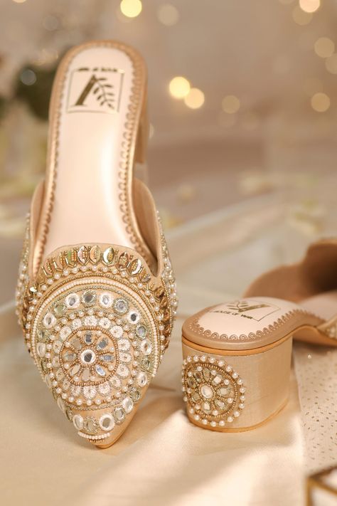 Buy Gold Mirror Jharokha Embroidered Mule Heels by House of Vian Online at Aza Fashions. Mirror Jharokha, Bridal Sandals Heels, Fancy Sandals, Mule Heel, Haldi Outfits, Indian Shoes, Mule Heels, Footwear Design, Shoes Heels Classy