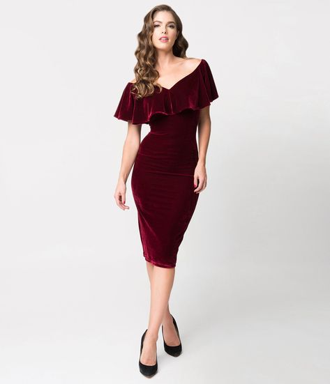 Holiday Dresses - Vintage-Inspired Holiday Cocktail Attire – Unique Vintage Rockabilly Couple, Burgundy Velvet Dress, Vintage Brand Clothing, Sophia Dress, Cocktail Dress Holiday, Neo Baroque, Velvet Drapes, Corporate Style, Red Velvet Dress