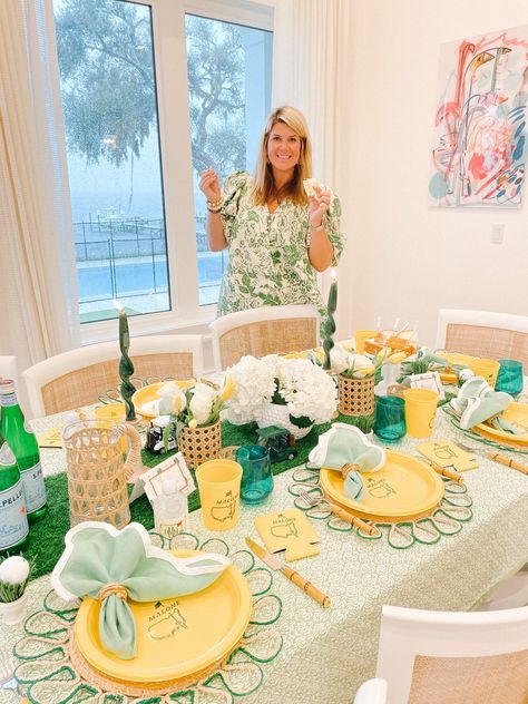 The Master’s Party Tablescape Masters Tablescape, Masters Watch Party, Masters Party Decorations, Masters Themed Party, Masters Party Ideas, Golf Tournament Fundraiser, Baby Gender Reveal Party Ideas, Host Ideas, Masters Party