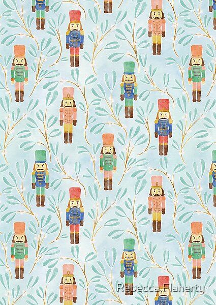 A pastel Christmas pattern of traditional nutcracker soldiers and mistletoe. Digital watercolour by Rebecca Flaherty. Nutcracker Ballet Background, Nutcracker Phone Wallpaper, Nutcracker Christmas Wallpaper, Nutcracker Ballet Wallpaper, Nutcracker Background, Nutcracker Wallpaper, Nutcracker Aesthetic, Nutcracker Pattern, Traditional Nutcracker