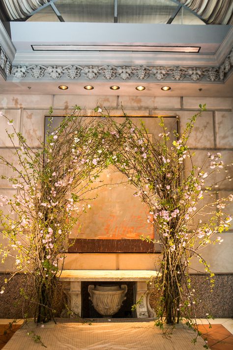 Cherry Blossom Ceremony Arch; Rosewood Crescent Wedding http://significanteventsoftexas.com Cherry Blossom Ceremony, Wedding Arch Indoor, Wedding Table Centerpieces Elegant, Traditional Korean Wedding, Tree Arch, Pink Green Wedding, Japan Wedding, Funny Wedding Invitations, Country Garden Weddings