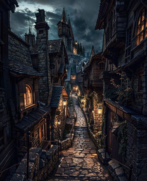 Rustic City Aesthetic, Medieval Town Aesthetic, Enviroment Art, Haunted Castles, Fantasy Cottage, Landscape Design Drawings, Urban Village, Beautiful Scenery Photography, Stone Street