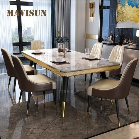 Modern Luxury Dining Table Set For Kitchen Furniture Marble Table Top Metal Table Frame Leather Dining Chairs _ - AliExpress Mobile Nordic Language, Dining Table Design Modern Luxury, Latest Dining Table, Glow Table, Wooden Dining Table Designs, Dining Table Design Modern, Luxury Dining Tables, Luxury Dining Table, Marble Top Dining Table