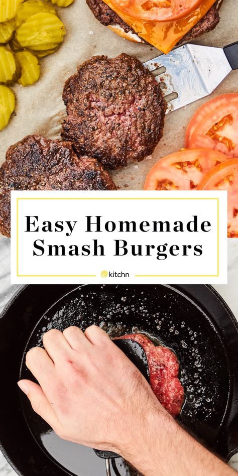 Easy Homemade Smash Burgers Recipe | Kitchn Burgers On The Stove, Smash Burger Recipe, Smash Burgers, Homemade Hamburgers, Toast Toppings, Homemade Burgers, Smash Burger, Burger Recipe, Good Burger