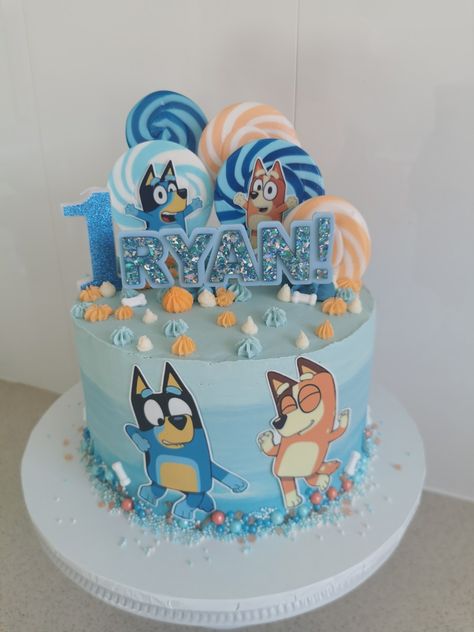 Birthday Cake Pool Party, Bluey Birthday Cake, Lollipop Birthday, Pool Cake, Lollipop Cake, 4th Birthday Cakes, Baby Birthday Themes, Bluey Birthday, 1st Birthday Party Themes