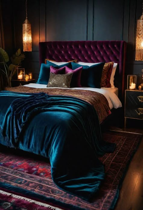 25 Eclectic Bedroom Ideas for a Unique Space 22 Bedding Jewel Tone, Teal Velvet Bedroom Ideas, Jewel Tone Guest Room, Goth Glam Bedroom Ideas, Modern Bedroom With Pop Of Color, Dark Teal And Purple Bedroom, Relaxing Colorful Bedroom, Feminine And Masculine Bedroom, Teal Comforter Bedroom Decorating Ideas