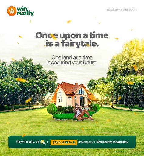 Fairytale dey real o! 🌟 Na so e be, once upon a time na fairytale, but with Win Realty, your own land go secure your future wella! 🌳🏠 Why you go wait? The oil-rich city of Port Harcourt dey call your name. Invest now with The Win Realty Limited and make your future shine like diamond. 💎 Remember say Saturdays na inspection day! Come see as your dream land dey real life. 📆 Inspection dey this Saturday o! No miss am! Share this post, make your friends follow enjoy the good news too. Let’s... Rich City, Flyer Design Layout, Social Media Advertising Design, Real Estates Design, Dream Land, Port Harcourt, The Good News, Advertising Design, Design Layout