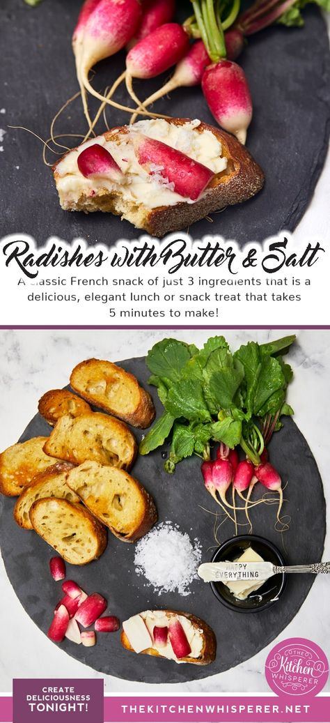 A classic French snack of just 4 ingredients that is a surprisingly delicious, elegant lunch or snack treat that takes 5 minutes to make! radishes with butter and salt, french radish sandwich, radish toast, sliced radishes with salted butter, french breakfast with butter and radishes, #radishtoast #radish Radish Snack, Radish Toast, French Radish, Radish Sandwich, Courtney Williams, French Snacks, Elegant Lunch, French Breakfast Radish, French Foods