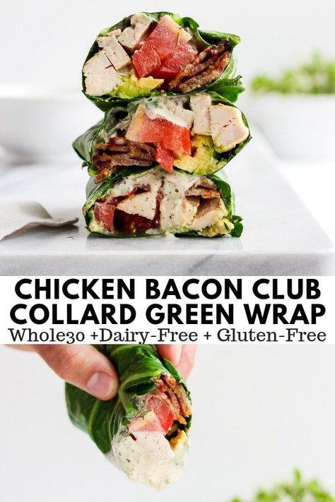 Chicken Bacon Club Collard Green Wrap - a satisfying and delicious wrap full-time of filing, clean ingredients!  Whole30, Paleo, Gluten-Free and Dairy-Free!! #whole30 #whole30recipes #bestcollardgreenwrap #paleorecipes #dairyfreerecipes #collardgreen #wraprecipes #healthyrecipes #makeahead Collard Green Wraps, Best Tuna Salad Recipe, Wooden Skillet, Collard Greens Recipe, Collard Green, Healthy Food Facts, Paleo Lunch, Green Wrap, Collard Greens