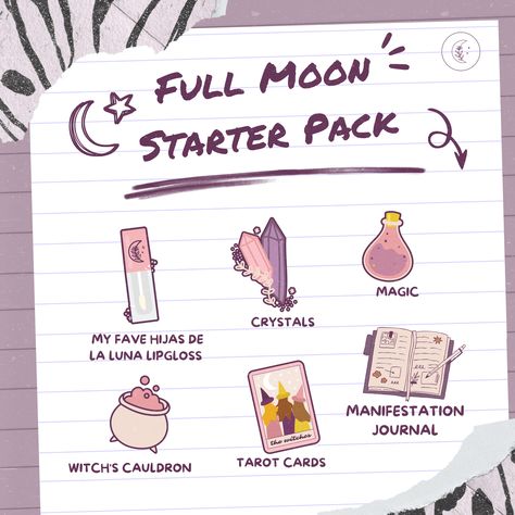 A Witch's complete starter pack for 2024's first full moon! 💋⁠ ⁠ These are the 6️⃣ must-have items that you'll need to channel the moon's powers and maximize your magic! ⁠ ⁠ What else would you add to the list?⁠ Let us know in the comments! 👇️⁠ ⁠ #HijasDeLaLuna Witches Tarot Cards, Witchs Cauldron, Witch Tarot, Manifestation Journal, Starter Pack, Lipsticks, Tarot Cards, Full Moon, The List