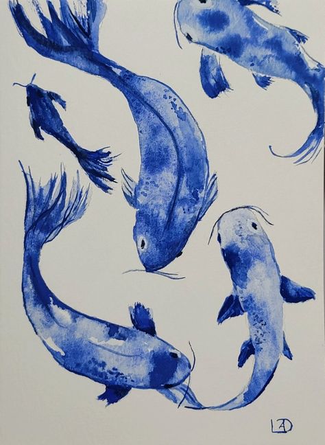 Blue Aesthetic Posters For Bedroom, Poisson Aesthetic, Blue Coy Fish, Fish Drawing Aesthetic, Blue Fish Aesthetic, Koi Fish Poster, Blue Koi Fish, Watercolor Koi Fish, Fish Sketch