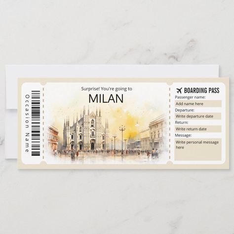 Take your loved one on a journey to Milan with our unique Fake Boarding Pass Gift Certificate. This creative and customizable Milan boarding pass ticket makes for the perfect gift, whether it's for a birthday, anniversary, or any special occasion. Let the recipient's imagination soar as they embark on an adventure in Italia. It's a one-of-a-kind keepsake that will make memories to treasure forever. Paris Plane Ticket, Ticket Avion, Plane Ticket Invitation, Fake Plane Ticket, Fake Gifts, Plane Ticket, Ticket Invitation, Flight Ticket, Make Memories