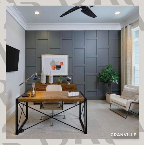 AR Homes® by Arthur Rutenberg on Instagram: “Do you like this traditional décor of this home office? This eye-catching accent wall is @sherwinwilliams Grizzle Grey SW 7068.…” Gray Accent Wall, Grizzle Gray, Dark Gray Paint Colors, Dark Grey Paint, Sherwin Williams Gray, Grey Accent Wall, Grey Office, Neutral Paint Color, Guest Room Office