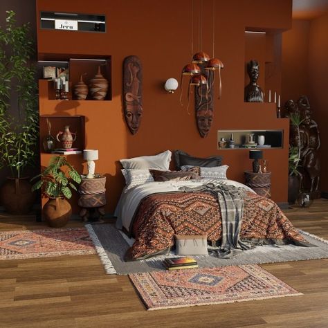 Africa Room Decor, Afrocentric Bedroom, Rustic Bedroom Colors, African Decor Bedroom, African Bedroom, African Room, Afrocentric Decor, African Interior Design, Church Interior Design