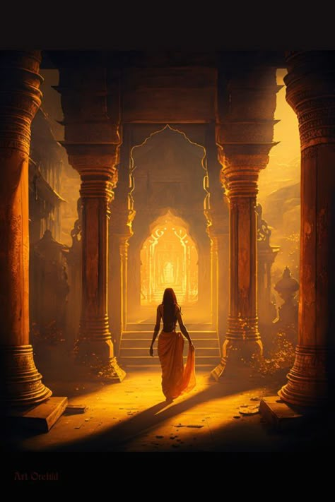 Explore the lost indian temple. Go inside the mystery. Digital painting Sancuary series inspired by oriental deco and architecture. Click the link to discover more dream paintings by Art Orchid. #india #temple #fantasy #fantasyworld #oriental #dream #holyplace #mystic #digitalpainting #visionary #artorchid Hindu Spiritual Art, India Pictures Art, Ancient Temple Fantasy Art, Indian Fantasy Aesthetic, Temple Painting Indian, Fantasy Temple Art, Indian Architecture Painting, Ancient India Aesthetic, Hindu Temple Aesthetic