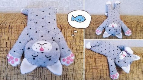 DIY Cute Sleeping Kitten Made From Socks | DIY Joy Projects and Crafts Ideas Sock Kitten, Diy Sock Toys, Plushies Diy, Puppets Diy, Sock Doll, Sock Dolls, Tie Crafts, Moth Art, Sock Toys