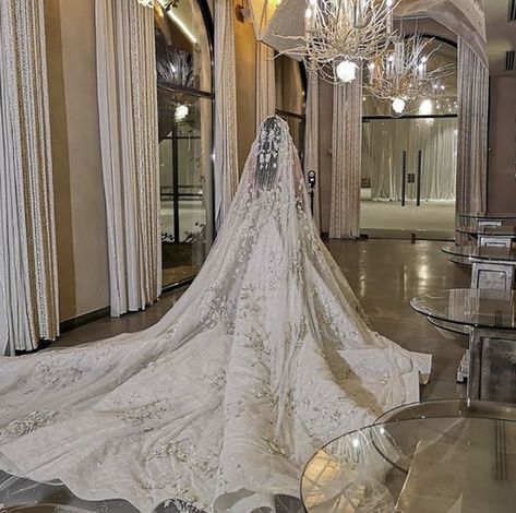 wedding Huge Wedding Dresses With Long Trains, Princess Wedding Dress With Veil, Ball Gown Wedding Dress With Veil, Extravagant Wedding Veils, Wedding Dress With Train And Veil, Long Wedding Dresses Train, Long Wedding Train, Wedding Dresses Extravagant, Lace Wedding Dress Long Train