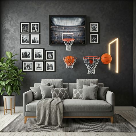 Bring the thrill of the game to your space with these 15 epic basketball wall decor ideas! Whether you're a player, fan, or just love the energy of the game, these decor ideas will transform any room into a sports haven. From framed jerseys and vintage basketball posters to wall decals and custom artwork, these designs capture the spirit of basketball and make your space stand out. Perfect for man caves, bedrooms, or game rooms, these ideas will make you feel like you're on the court every day! Basketball Themed Bedroom, Basketball Wall Decor, Basketball Wall, Framed Jersey, Basketball Posters, Vintage Basketball, Game Rooms, Man Caves, Wall Decor Ideas