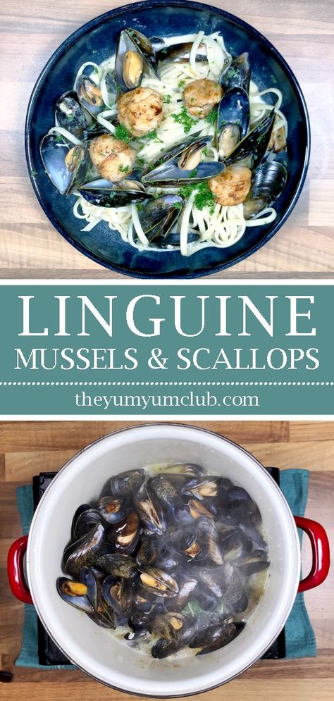 Linguine with mussels, scallops and garlic in white wine and cream is a classic Italian recipe. Serve with fresh crusty bread for dipping. Yum! | theyumyumclub.com  #food #recipes #recipe #cooking #eating #goodfood #cook #finedining #foodporn #foodie #nonnom #wfmdish #foodphotography #snack #yum #dinner #healthyfood #foodpics #food #yummy #delicious #homemade #foodgawker #buzzfeast #hungry #homecooking #foodyum Mussels Pasta, Bread For Dipping, Fried Scallops, Making Pasta, Italian Recipe, Crusty Bread, Linguine, Classic Italian, Classic Food