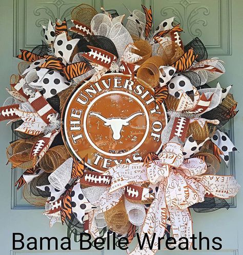 Texas Longhorn Wreath, Ut Wreath, Ut Longhorns, Football Wreath, Texas Longhorn, Texas Longhorns, Mesh Wreath, Wreath Ideas, Deco Mesh Wreaths