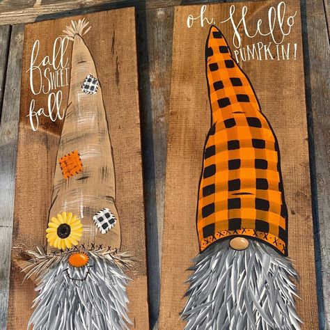 Gnome Porch Leaner, Fall Bridal Shower Decorations, Halloween Canvas Art, Gnome Pictures, Halloween Wood Crafts, Fall Gnome, Wooden Welcome Signs, Wood Painting Art, Holiday Painting