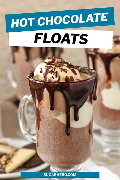 Hot Chocolate Floats upgrade regular hot chocolate by adding ice cream, hot fudge sauce, and other gourmet toppings. Hot chocolate has never tasted so good! #SugarHero #HotChocolate #IceCream #Float #FrozenDesserts #Drink Iced Hot Chocolate Recipe, Creamy Hot Chocolate Recipe, Iced Hot Chocolate, Gourmet Hot Chocolate, Baileys Recipes, Crockpot Hot Chocolate, Diy Hot Chocolate, Hot Chocolate Cocoa, Hot Fudge Sauce