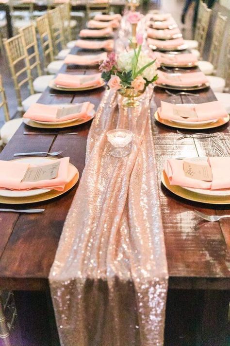 Barrington hill farm wedding Chic blush sequence runners Rose Gold Wedding Decorations Receptions, Gold Wedding Decorations Receptions, Rose Gold Wedding Decor, Sequin Table Runner, Jewel Tone Wedding, Gold Wedding Decorations, Rental Decorating, Farm Table, Rose Gold Wedding