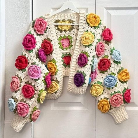 Granny Square Cardigan, Cardigan Handmade, Square Cardigan, Rose Cardigan, Summer Yarn, Cardigan Crochet, 3d Rose, Cardigan Knit, Holiday Crochet