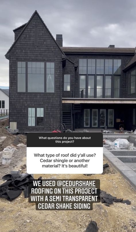 Black Shake Siding, Shake Siding House, Rock House Exterior, Whipstaff Manor, Cedar Shake Siding, Black Metal Roof, Cedar Shake Roof, Shake Siding, Cedar Shakes