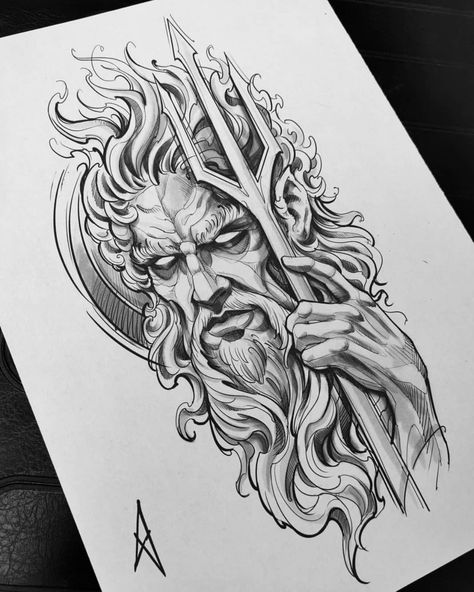 Poseidon Drawing, Zee Tattoo, Hades Tattoo, Trident Tattoo, Greek God Tattoo, Poseidon Tattoo, Zeus Tattoo, Greek Mythology Tattoos, God Tattoos