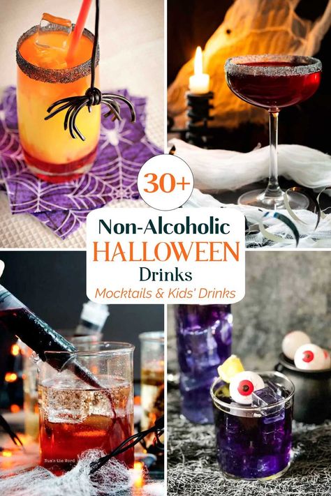 At Halloween non-alcoholic drink recipes are a must – for kids' Halloween parties, for designated drivers, and for all those times when nobody wants to be spooky-drunk (like maybe that Halloween office lunch). Fun Halloween Drinks, Halloween Alcohol, Mocktail Party, Halloween Recipes Drinks, Halloween Punch Recipes, Kids Drinks, Halloween Party Drinks, Spooky Halloween Food, Halloween Punch