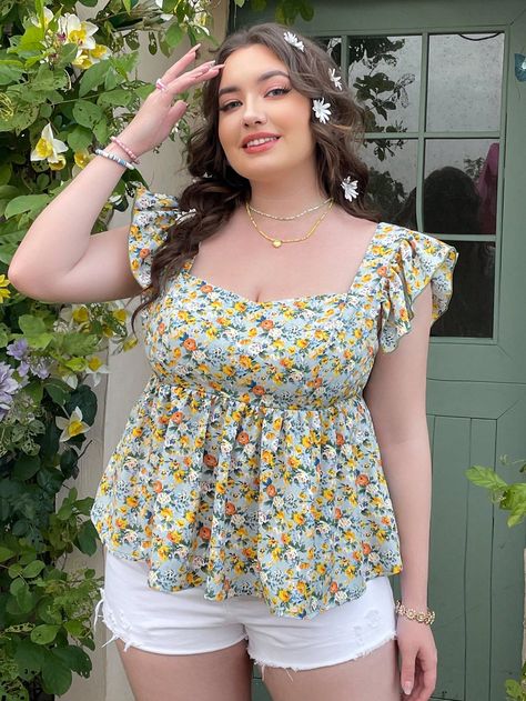 Multicolor Boho Collar Cap Sleeve Woven Fabric Floral,All Over Print Peplum Embellished Non-Stretch Summer Women Plus Clothing Summer Tops Plus Size, Shein Plus Size Tops, Curvy Outfits Spring, Summer Outfit, Crop Top Outfits Classy, Plus Size Summer Fashion, Girly Fits, Bright Boho, Plus Size Summer Outfits