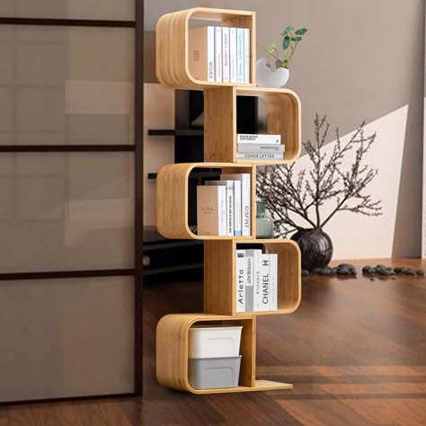 PRICES MAY VARY. CREATIVE OPEN STANDING BOOKCASE: The decorative geometric bookcase has a modern style S-shaped design that can store books, CDs, vases, decorative items and more, while decorating the room nicely, it can easily display collections with an open design. MULTI-FUNCTIONAL S-SHAPED ORGANIZER: This cube storage cabinet can be used in many places because it is not only a collection display shelf but also a book shelf, and it can also be disassembled into a 1-layer book shelf as a small Collection Display Shelves, Bamboo Bookshelf, Display Collections, Shelf Decorations, Shelves Corner, Geometric Bookcase, Corner Kitchen, Ladder Bookshelf, Shelf Decoration