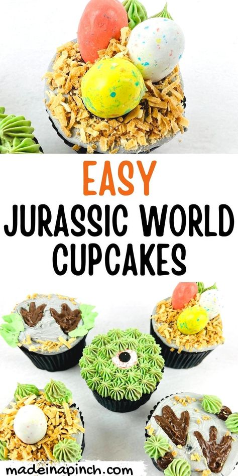 Kids LOVE dinosaurs! Make these fun dinosaur cupcakes for a dinosaur -themed party, to celebrate the latest Jurassic Park movie, or as a treat for a kiddo who LOVES dinosaurs! These adorable Jurassic World move-inspired cupcakes are super simple to make and even better to eat! This dinosaur cupcake recipe is the perfect addition to any Dino-themed party. #dinosaur #kidparty #birthday #cupcakes #dinosaurcupcakes Dinosaur Cupcakes Boys, Dinosaur Cupcake Ideas, Dinosaur Cupcake, Dinosaur Birthday Cupcakes, Dinasour Cupcakes Ideas, Jurassic Park Cupcake Cake, Dino Themed Cupcakes, Trex Dinosaur Cupcakes, Dinosaur Egg Cupcakes