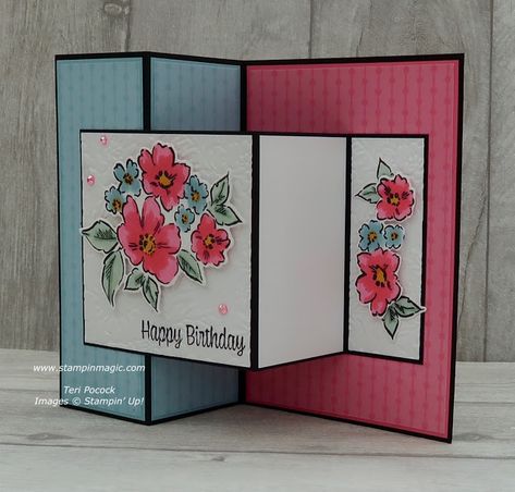 Feminine Birthday Cards Handmade, Double Z Fold Cards Ideas, Folded Cards Ideas Templates, Z Fold Cards Templates, Hand Penned Petals, Double Z Fold Card, Joy Fold Card, Class Board, Z Cards