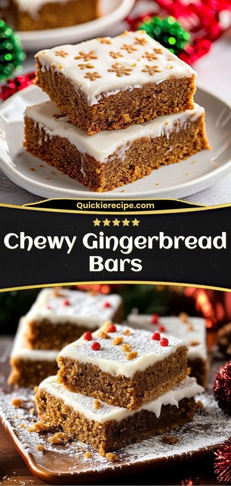 Chewy Gingerbread Bars These chewy gingerbread bars are soft, spiced, and full of molasses flavor. The perfect holiday treat to share with friends and family! Ingredients: 2 cups flour ½ cup molasses 1 tbsp ginger 1 cup brown sugar Christmas Dessert Gingerbread, Gingerbread Dessert Recipes, Oreo Cookie Truffles, Gingerbread Bars, Gingerbread Cookie Bars, Gingerbread Dessert, Molasses Recipes, Chewy Molasses Cookies, Bread Bar