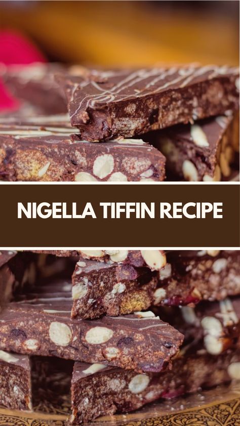 Nigella Tiffin Recipe made of digestive biscuits, butter, golden syrup, cocoa powder, dark and milk chocolate, nuts (optional), raisins or cranberries, and mini marshmallows. Serves 24. Takes about 30 minutes to prepare and 2 hours to set. Raisin Recipes Easy, Nigella Lawson Desserts, Chocolate Tiffin Recipe, Nigella Recipes, Chocolate Tiffin, Nigella Christmas, Biscuits Butter, Cook Desserts, Tiffin Recipes