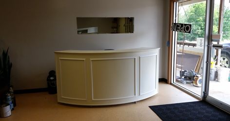 Handyman Advice, Tutorials, and Tips for the Everyday DIY Project Diy Curved Reception Desk, Curved Reception Desk Design, Ikea Reception Desk, Round Reception Desk, Reception Desk Diy, Spa Layout, Fellowship Hall, Curved Reception Desk, Office Reception Design