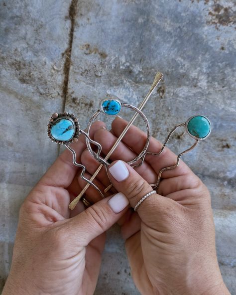 It’s Turquoise Tuesday! A day dedicated to happiness and the vibrant beauty of turquoise. These stunning hair forks are ready to find their new home, perfect for holding a messy bun in place or adding some class to a special occasion. Get yours now before it’s they’re gone! Simply DM me to claim 🩵 . . . . #sleepingbeautyturquoise #turquoisetuesday #mexicanturquoise #hairfork #turquoisejewelry #supportsmallbusiness #buffaloriverdesigns #loveturquoise #selftaught #silversmithing #silversmith # Turquoise Tuesday, Silversmithing Jewelry, Hair Forks, Dope Jewelry Accessories, A Messy Bun, Dope Jewelry, Sleeping Beauty Turquoise, Get Yours Now, Metal Work