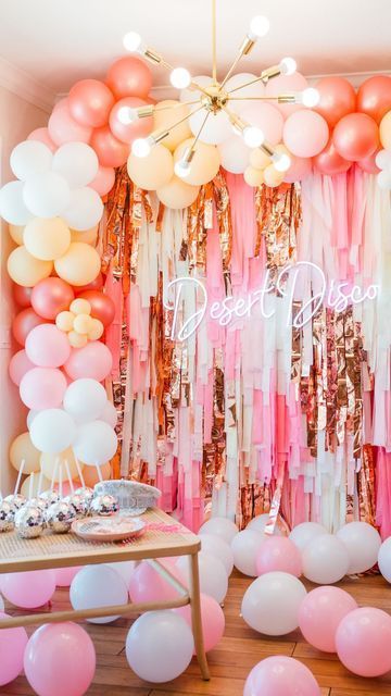 Rose Gold Disco Party, Desert Disco Bachelorette Decor, Disco Cowgirl Pool Party, Disco Cowgirl Bridal Shower Ideas, Desert Disco Party, Last Disco Bridal Shower Theme, Disco In The Desert Bachelorette, Disco Bridal Shower Ideas, Disco Bachelorette Party Decor