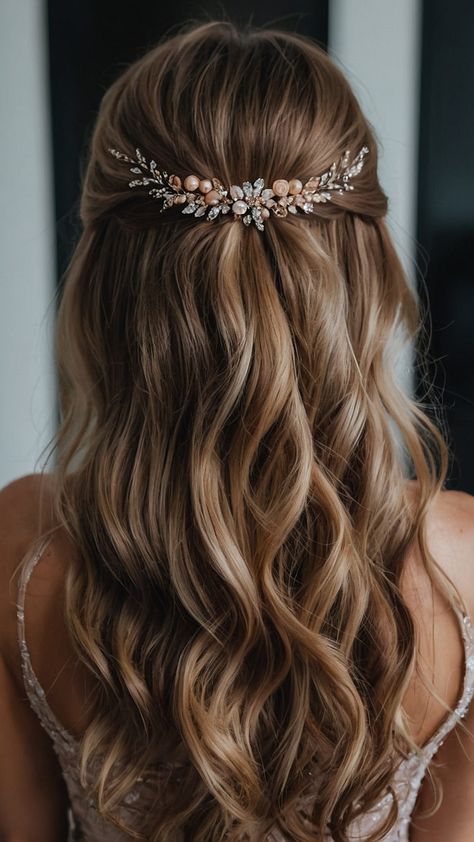 Half Up And Half Down Wedding Hairstyles, Wedding Hair Down Simple, Bridesmaid Hairstyles Down Medium Length, Wedding Hair Off The Shoulder Dress, Bridesmaid Hairstyles Medium Length Half Up, Half Up Half Down Fine Hair, Bride Hairstyles With Bangs, Easy Wedding Updos For Medium Hair, Wedding Hair Straight