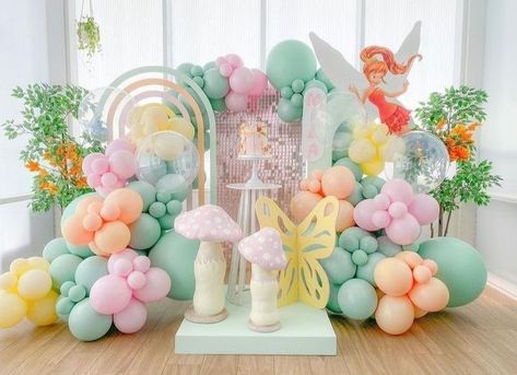 Ballerina Party Theme, Fairy Theme Birthday Party, Fairy Theme Party, Girl Bday Party, Rainbow Fairies, Birthday Balloon Decorations, Bday Girl, Fairy Parties, Birthday Backdrop