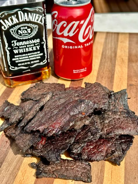 Jack and Coke Beef Jerky - Grillin With Dad Beef Jerkey Recipes Smoker, Easy Jerky Marinade, Deer Jerkey Recipes Dehydrator, Jerkey Recipes Marinade, Jerky Recipes Marinade, Beef Jerkey Marinades, Cajun Beef Jerky Recipe, Jerky Marinades, Smoked Jerky Recipes