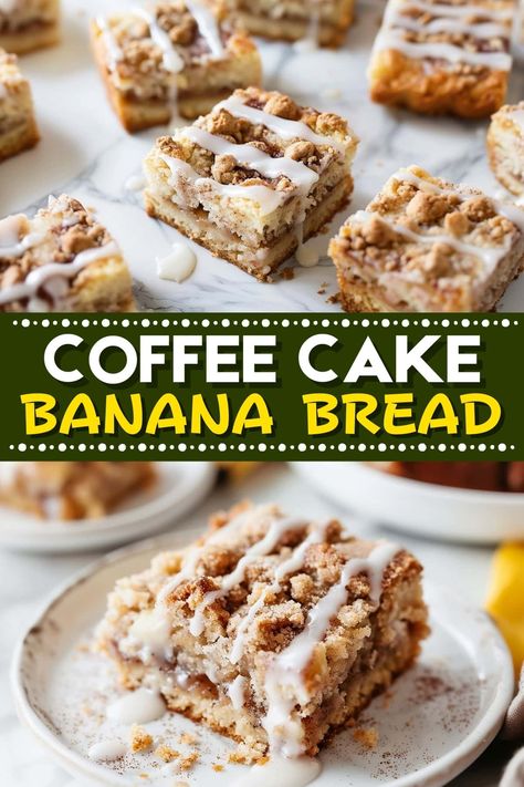 Coffee cake banana bread is full of sweet banana flavor and plenty of warm cinnamon. Better yet, it's topped with yummy streusel and vanilla glaze! Coffee Cake Banana Bread, Banana Bread Bundt Cake, Cinnamon Banana Coffee Cake, Banana Streusel Coffee Cake, Banana Crumble Coffee Cake, Healthy Banana Coffee Cake, Banana Cinnamon Swirl Coffee Cake, Coffee Cake Bundt, Banana Bread Cake